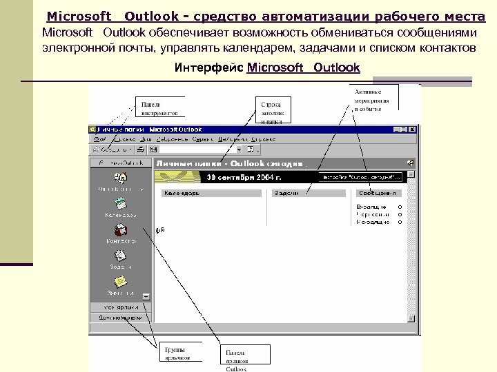 Microsoft Outlook - средство автоматизации рабочего места Microsoft Outlook обеспечивает возможность обмениваться сообщениями электронной