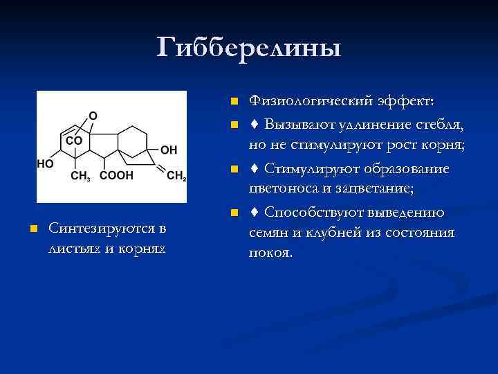 Гибберелины n n Синтезируются в листьях и корнях n Физиологический эффект: ♦ Вызывают удлинение