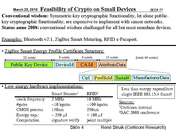 March 25, 2010 Feasibility of Crypto on Small Devices IETF-77 Conventional wisdom: Symmetric-key cryptographic