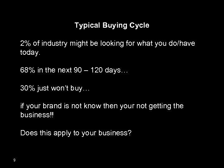 Typical Buying Cycle 2% of industry might be looking for what you do/have today.