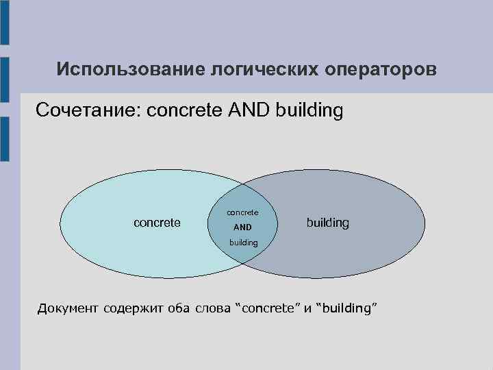 Использование логических операторов Сочетание: concrete AND building Документ содержит оба слова “concrete” и “building”