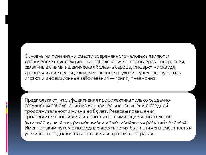 Основными причинами смерти современного человека являются хронические неинфекционные заболевания: атеросклероз, гипертония, связанные с ними