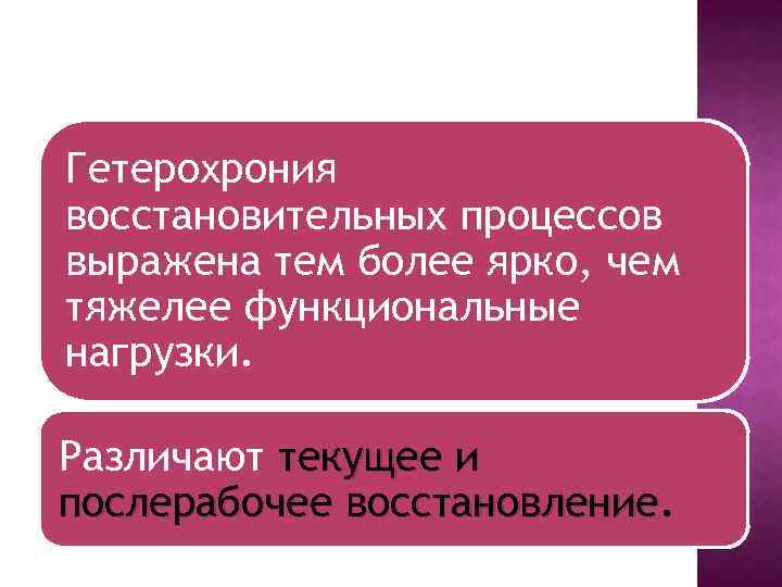 Гетерохрония восстановительных процессов выражена тем более ярко, чем тяжелее функциональные нагрузки. Различают текущее и