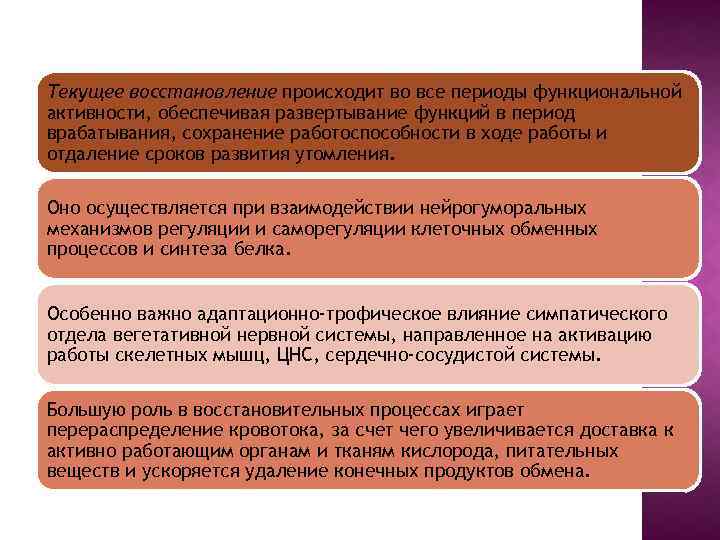 Текущее восстановление происходит во все периоды функциональной активности, обеспечивая развертывание функций в период врабатывания,