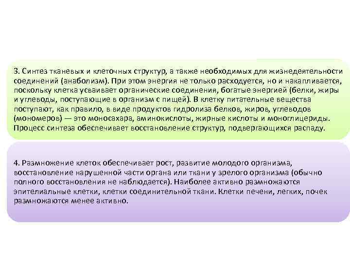 3. Синтез тканевых и клеточных структур, а также необходимых для жизнедеятельности соединений (анаболизм). При