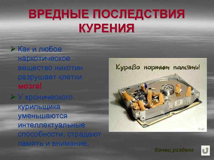ВРЕДНЫЕ ПОСЛЕДСТВИЯ КУРЕНИЯ Ø Как и любое наркотическое вещество никотин разрушает клетки мозга! Ø