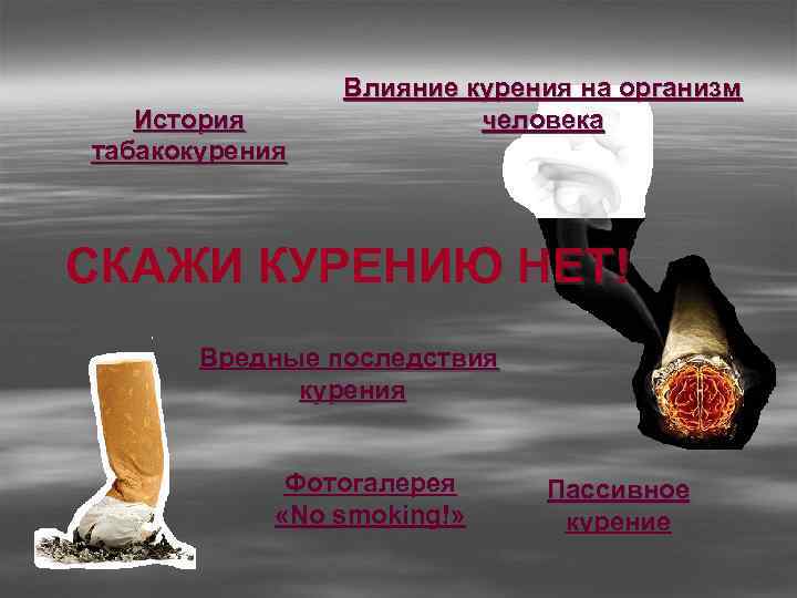 История табакокурения Влияние курения на организм человека СКАЖИ КУРЕНИЮ НЕТ! Вредные последствия курения Фотогалерея