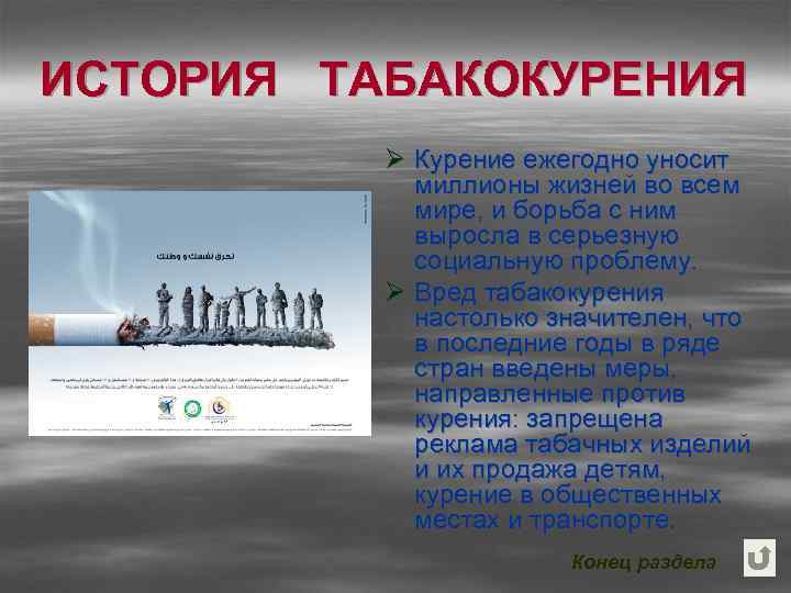 ИСТОРИЯ ТАБАКОКУРЕНИЯ Ø Курение ежегодно уносит миллионы жизней во всем мире, и борьба с