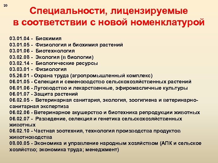 20 Специальности, лицензируемые в соответствии с новой номенклатурой 03. 01. 04 - Биохимия 03.