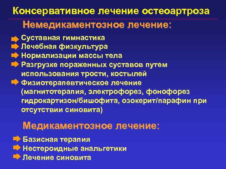 Консервативное лечение остеоартроза Немедикаментозное лечение: Суставная гимнастика Лечебная физкультура Нормализации массы тела Разгрузке пораженных