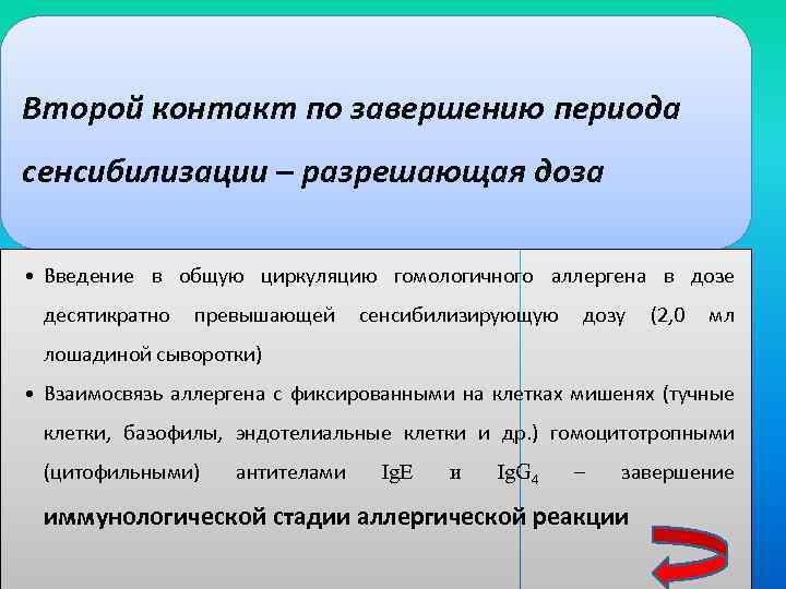 Второй контакт по завершению периода сенсибилизации – разрешающая доза • Введение в общую циркуляцию