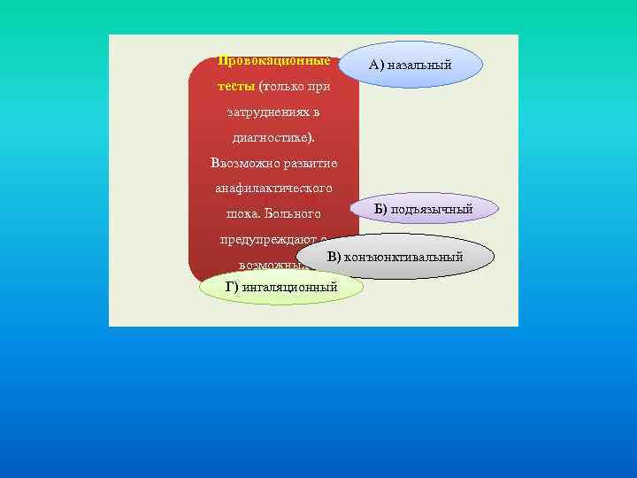 Провокационные А) назальный тесты (только при затруднениях в диагностике). Ввозможно развитие анафилактического шока. Больного