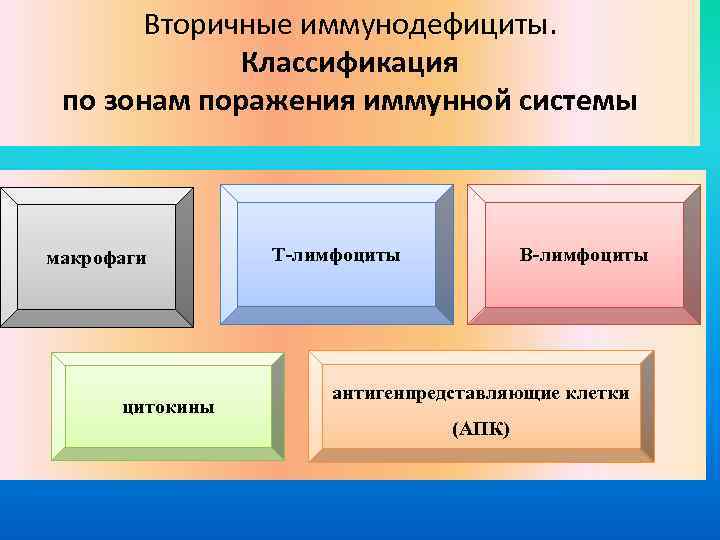 Вторичные иммунодефициты. Классификация по зонам поражения иммунной системы макрофаги цитокины Т-лимфоциты В-лимфоциты антигенпредставляющие клетки