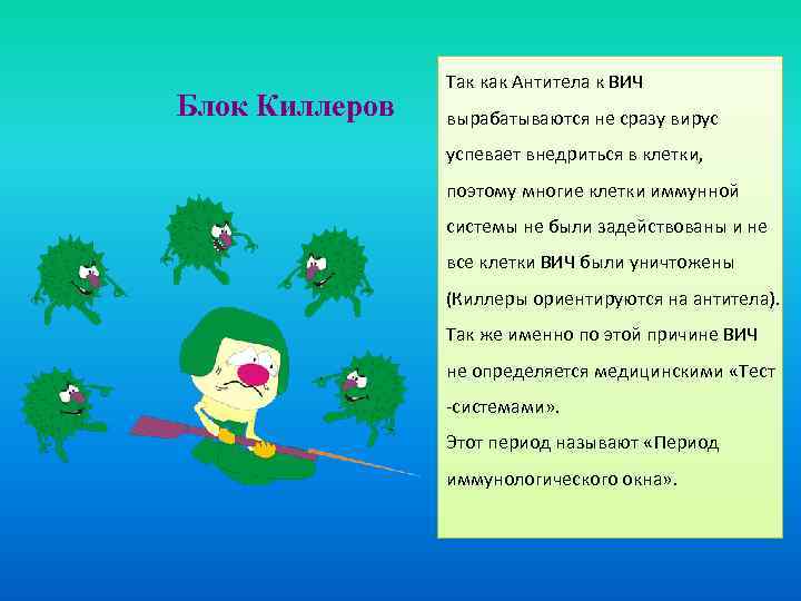 Блок Киллеров Так как Антитела к ВИЧ вырабатываются не сразу вирус успевает внедриться в