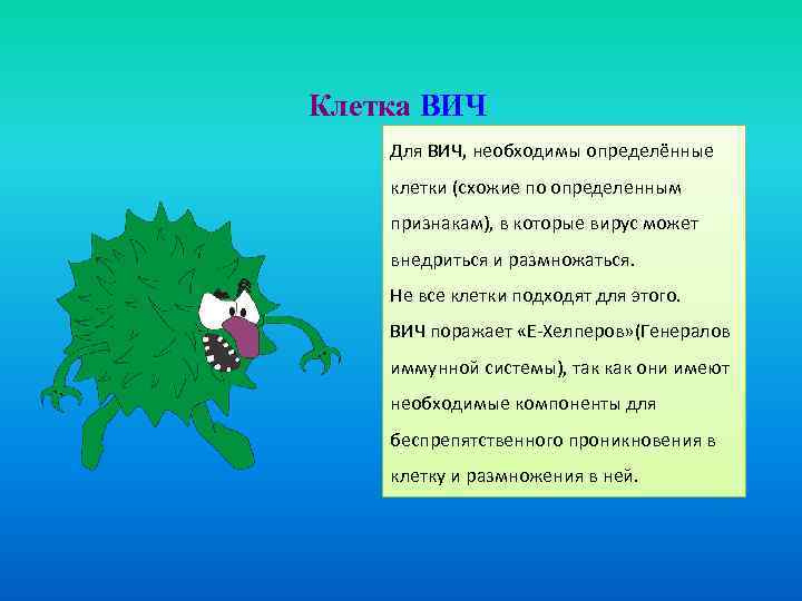 Клетка ВИЧ Для ВИЧ, необходимы определённые клетки (схожие по определенным признакам), в которые вирус