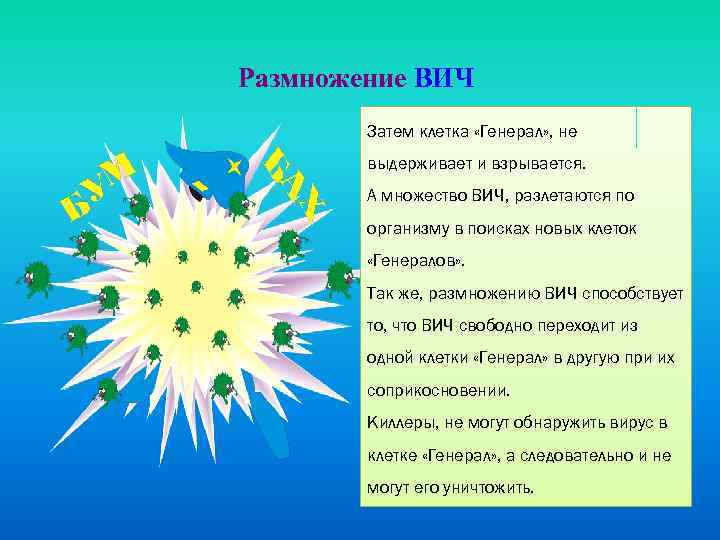 Размножение ВИЧ Затем клетка «Генерал» , не выдерживает и взрывается. А множество ВИЧ, разлетаются