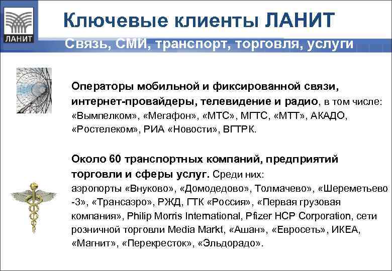 Ключевые клиенты ЛАНИТ Связь, СМИ, транспорт, торговля, услуги Операторы мобильной и фиксированной связи, интернет-провайдеры,