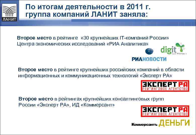 По итогам деятельности в 2011 г. группа компаний ЛАНИТ заняла: Второе место в рейтинге