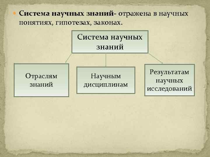  Система научных знаний- отражена в научных понятиях, гипотезах, законах. Система научных знаний Отраслям
