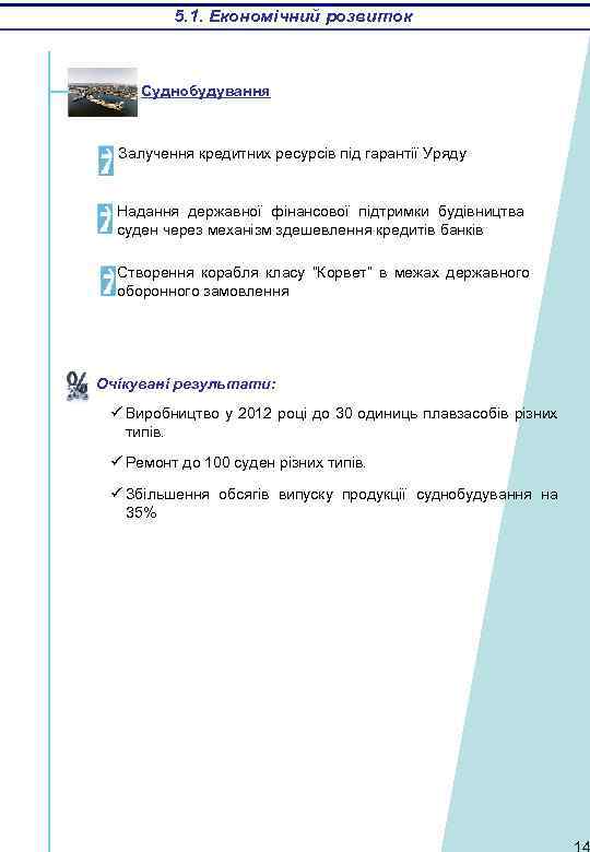 5. 1. Економічний розвиток Суднобудування Залучення кредитних ресурсів під гарантії Уряду Надання державної фінансової