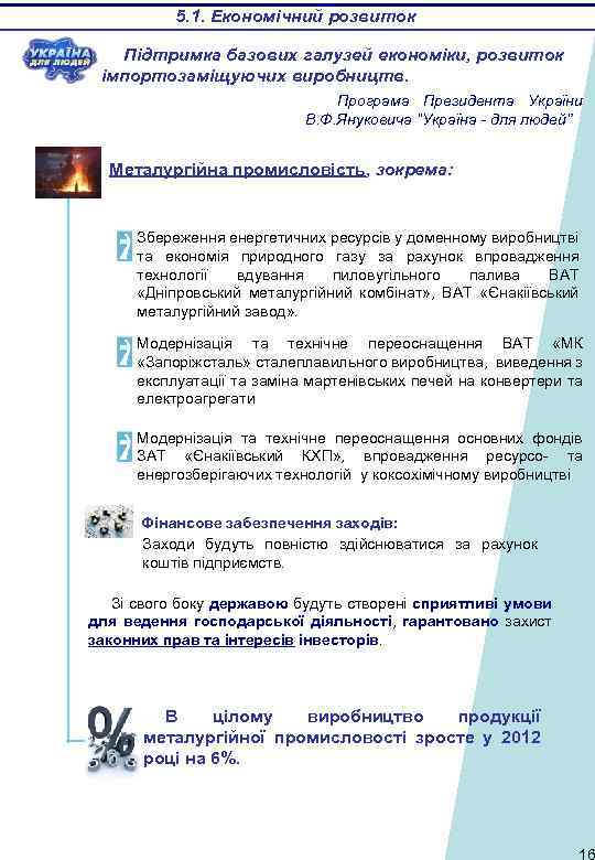 5. 1. Економічний розвиток Підтримка базових галузей економіки, розвиток імпортозаміщуючих виробництв. Програма Президента України