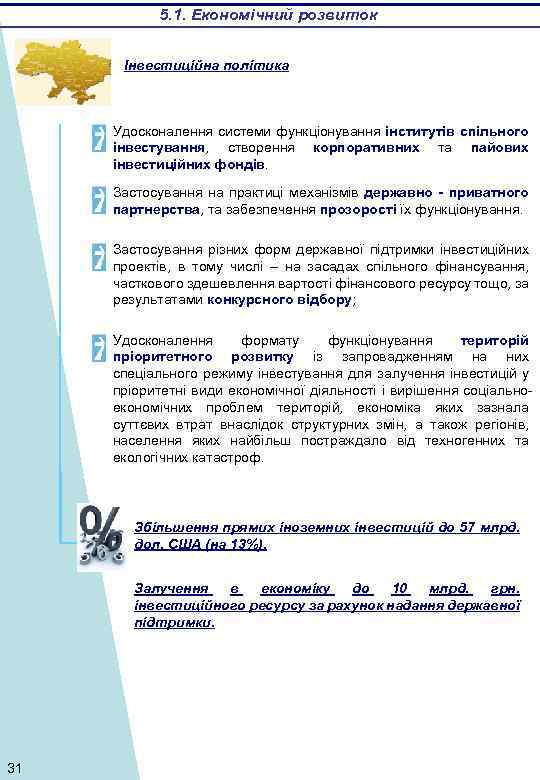 5. 1. Економічний розвиток Інвестиційна політика Удосконалення системи функціонування інститутів спільного інвестування, створення корпоративних
