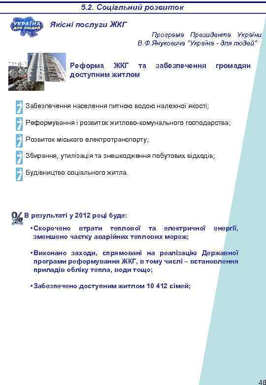5. 2. Соціальний розвиток Якісні послуги ЖКГ Програма Президента України В. Ф. Януковича “Україна