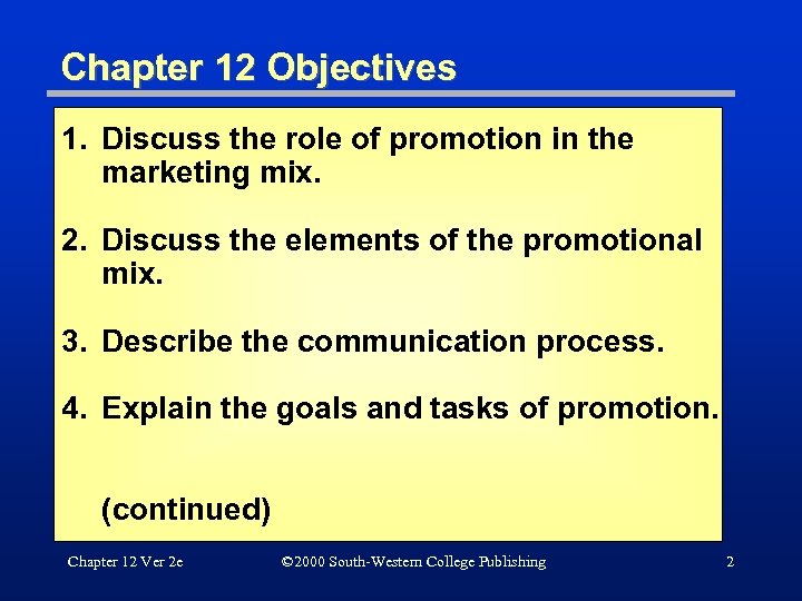 Chapter 12 Objectives 1. Discuss the role of promotion in the marketing mix. 2.