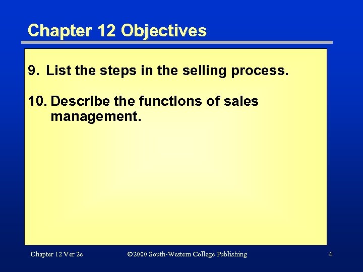 Chapter 12 Objectives 9. List the steps in the selling process. 10. Describe the