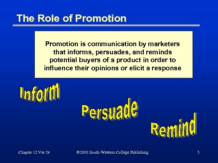 The Role of Promotion is communication by marketers that informs, persuades, and reminds potential