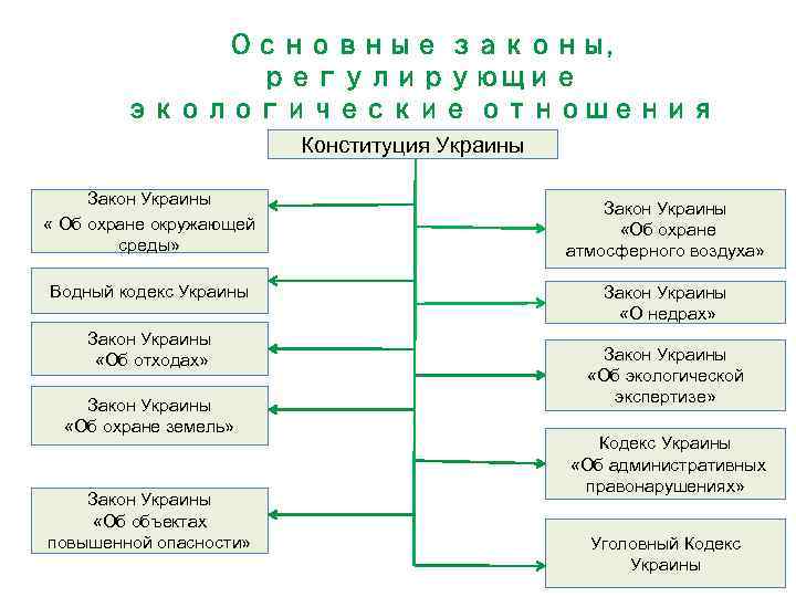 Основные законы, регулирующие экологические отношения Конституция Украины Закон Украины « Об охране окружающей среды»