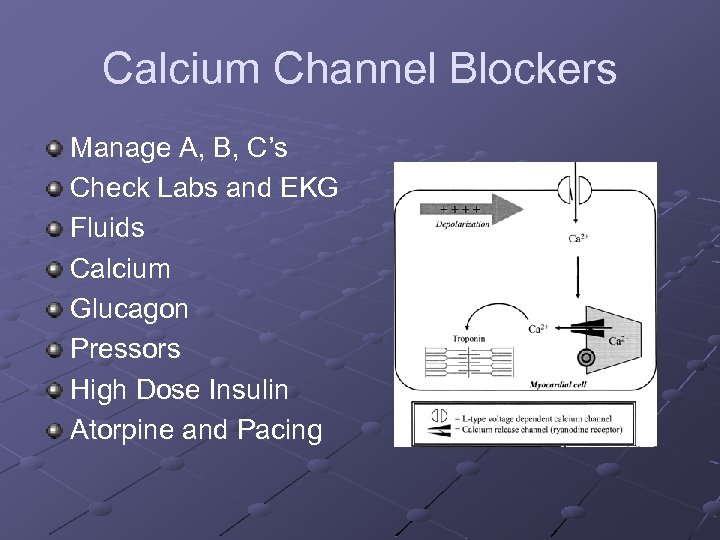 Calcium Channel Blockers Manage A, B, C’s Check Labs and EKG Fluids Calcium Glucagon