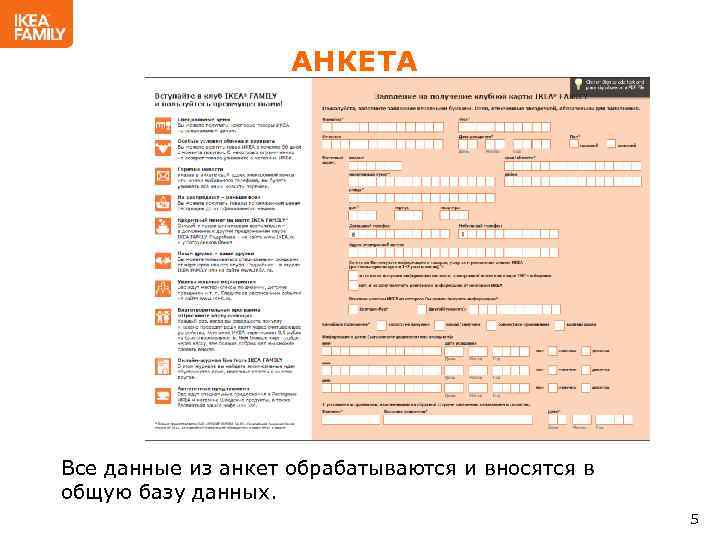 АНКЕТА Все данные из анкет обрабатываются и вносятся в общую базу данных. 5 