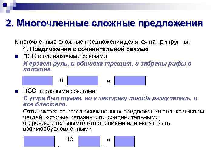 2. Многочленные сложные предложения делятся на три группы: 1. Предложения с сочинительной связью n