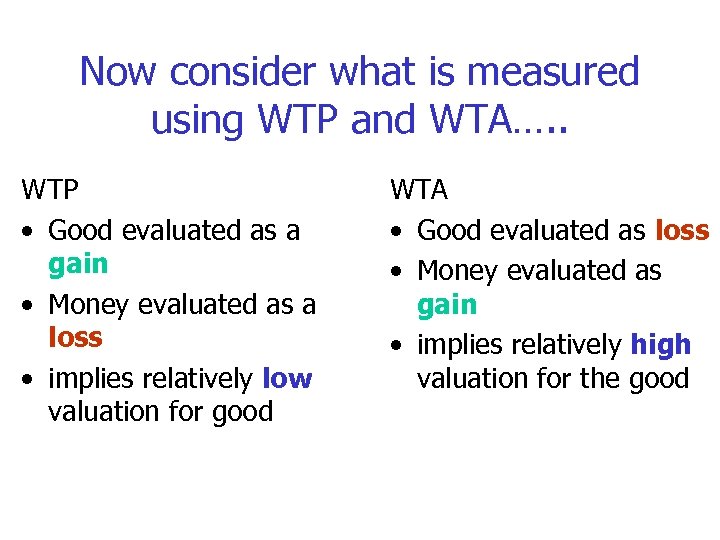 Now consider what is measured using WTP and WTA…. . WTP • Good evaluated