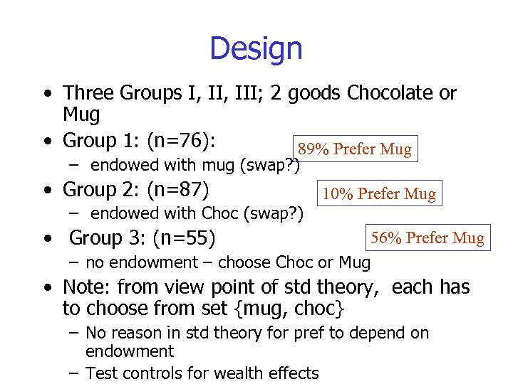 Design • Three Groups I, III; 2 goods Chocolate or Mug • Group 1: