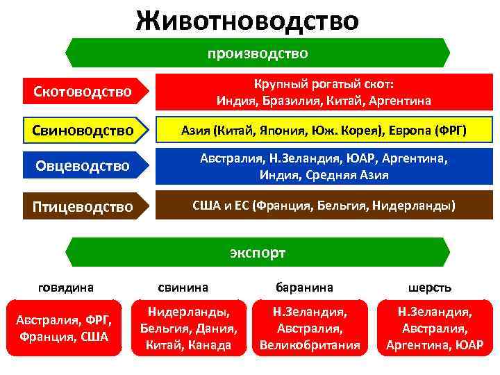 Животноводство производство Скотоводство Крупный рогатый скот: Индия, Бразилия, Китай, Аргентина Свиноводство Азия (Китай, Япония,