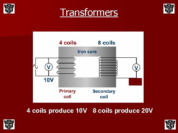 Transformers 4 coils produce 10 V 8 coils produce 20 V 