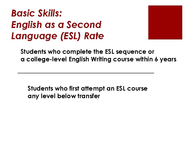 Basic Skills: English as a Second Language (ESL) Rate Students who complete the ESL