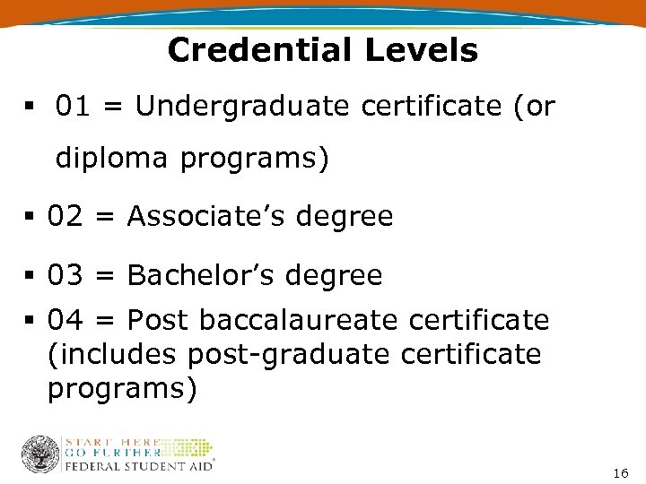 Credential Levels § 01 = Undergraduate certificate (or diploma programs) § 02 = Associate’s