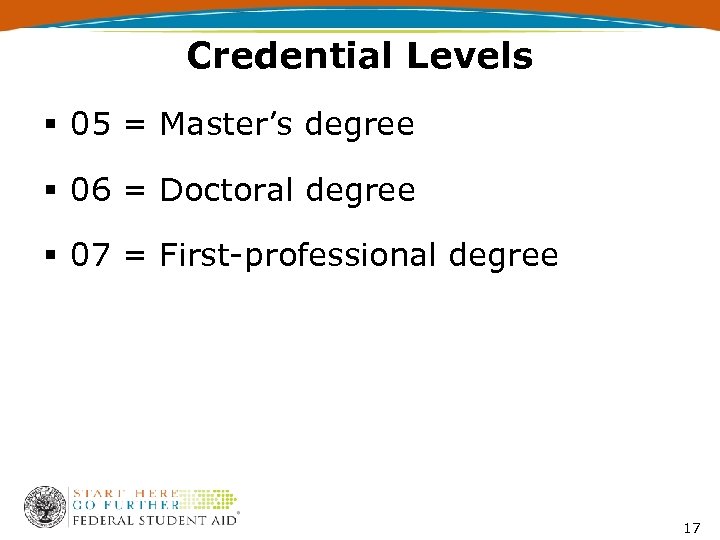 Credential Levels § 05 = Master’s degree § 06 = Doctoral degree § 07