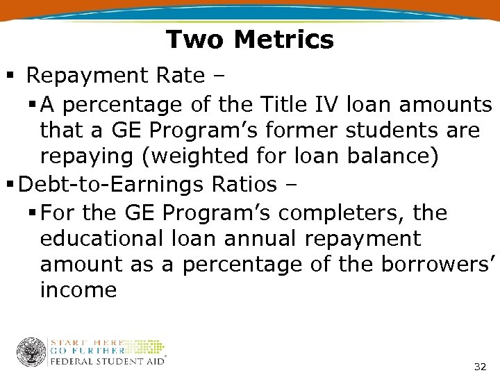 Two Metrics § Repayment Rate – § A percentage of the Title IV loan