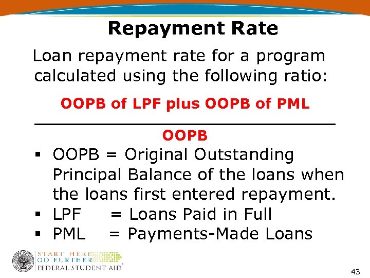 Repayment Rate Loan repayment rate for a program calculated using the following ratio: OOPB