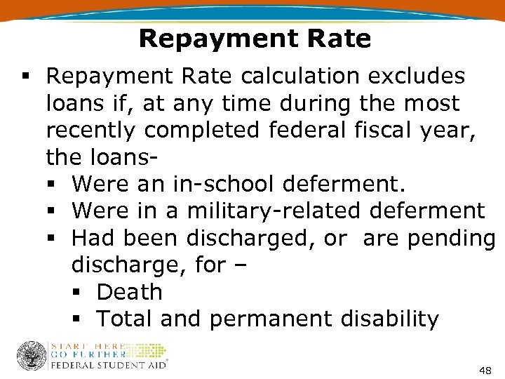 Repayment Rate § Repayment Rate calculation excludes loans if, at any time during the