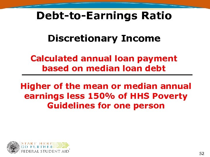 Debt-to-Earnings Ratio Discretionary Income Calculated annual loan payment based on median loan debt Higher