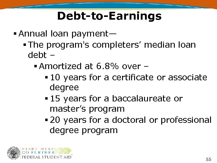 Debt-to-Earnings § Annual loan payment— § The program's completers’ median loan debt – §