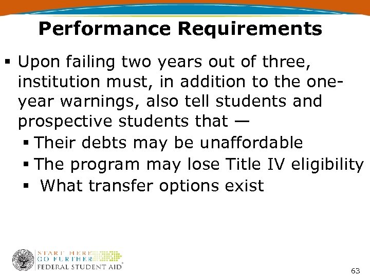 Performance Requirements § Upon failing two years out of three, institution must, in addition