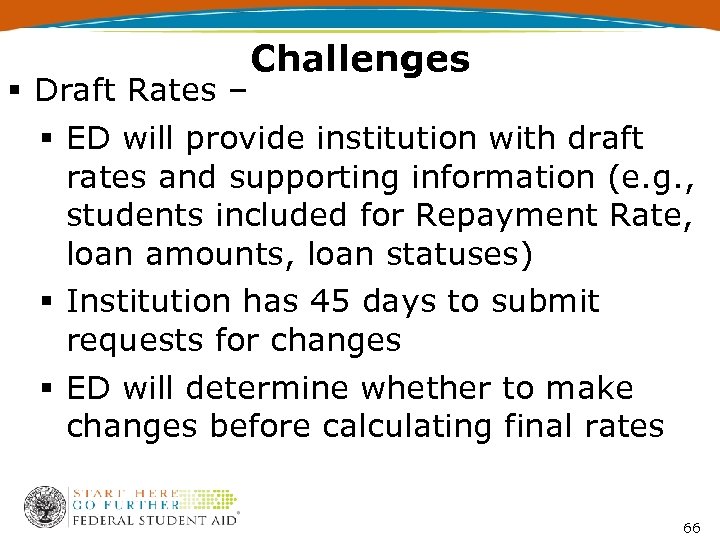 Challenges § Draft Rates – § ED will provide institution with draft rates and