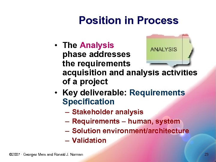 Position in Process • The Analysis phase addresses the requirements acquisition and analysis activities