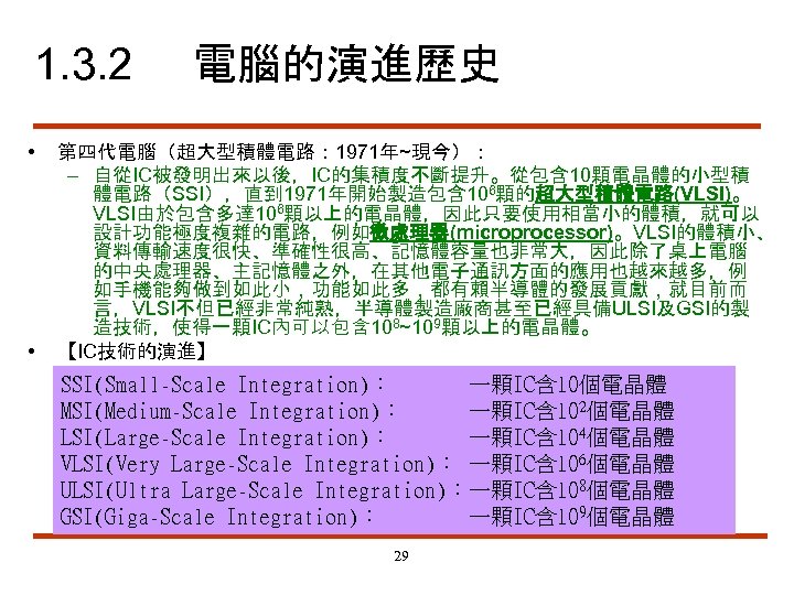 1. 3. 2 • • 電腦的演進歷史 第四代電腦（超大型積體電路： 1971年~現今）： – 自從IC被發明出來以後，IC的集積度不斷提升。從包含 10顆電晶體的小型積 體電路（SSI），直到 1971年開始製造包含 106顆的超大型積體電路(VLSI)。